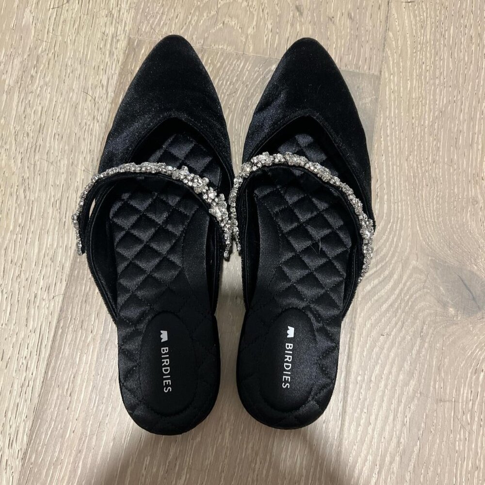 Birdies Black Suede Slides Never